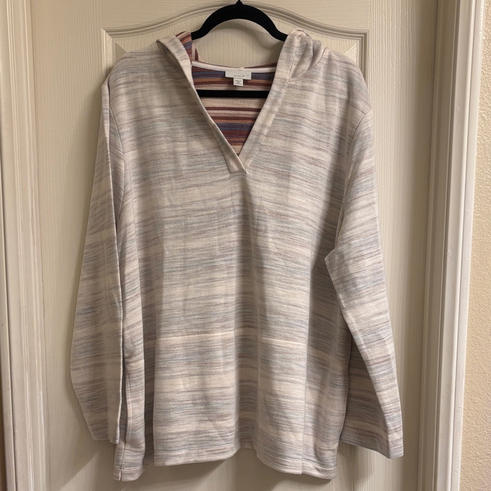 J. Jill Cream and Gray Striped V-Neck Sweater